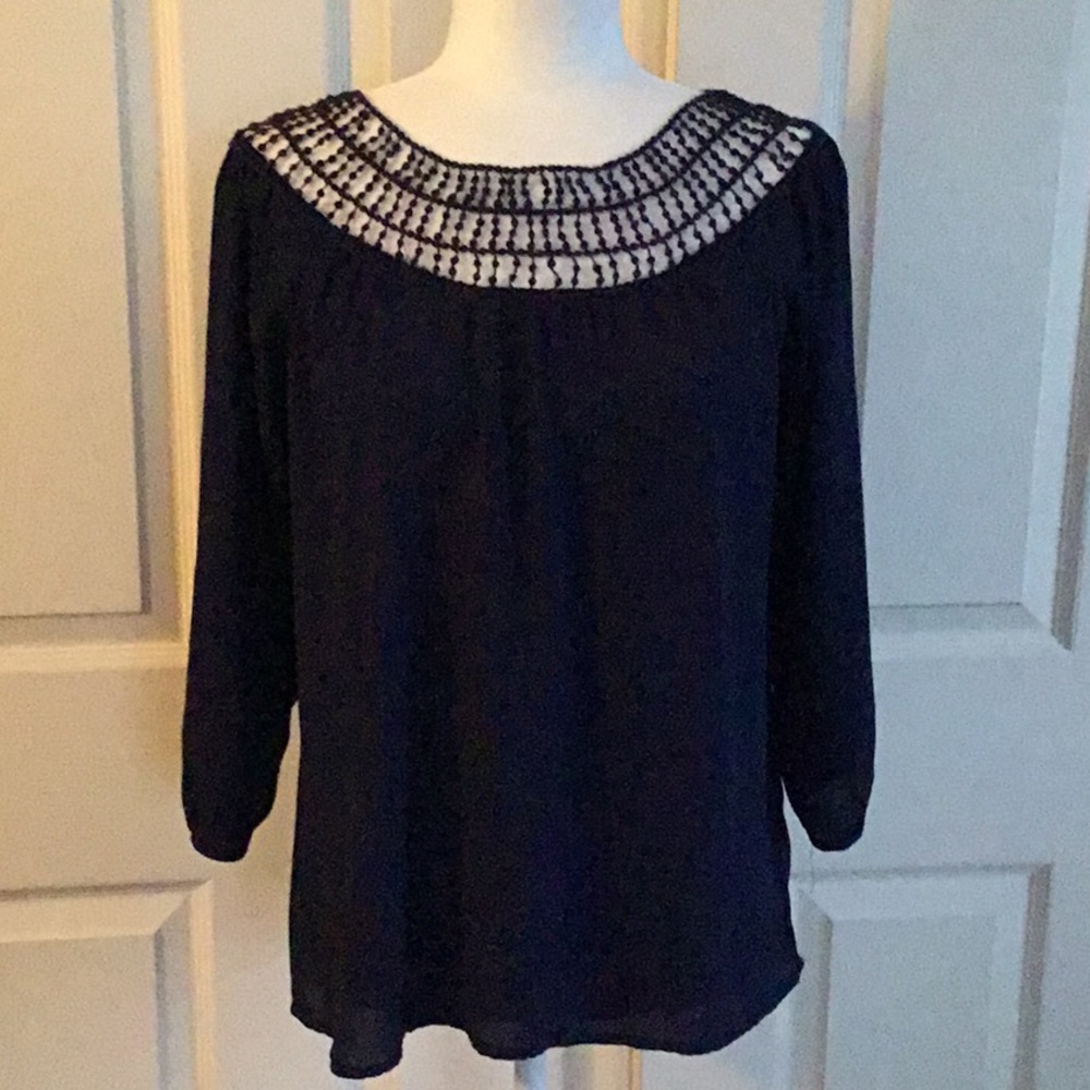 Navy Crochet Neckline‎ Blouse Cottagevibe  Size S
